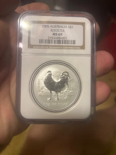 2005 Australia $1 Silver Lunar Series Year Of The Rooster 1 oz NGC MS-69