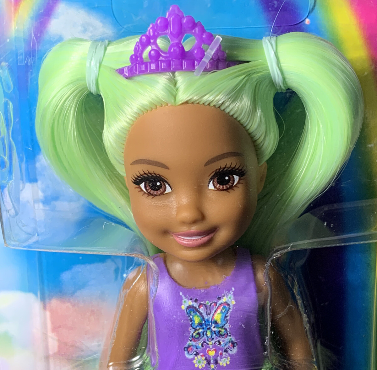 Barbie Dreamtopia Chelsea Sprite Doll 6”with Green Hair Purple