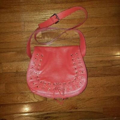 Violetta Crossbody Bag Large Coral Red Pebbled Leather Lace Up Corset Detail