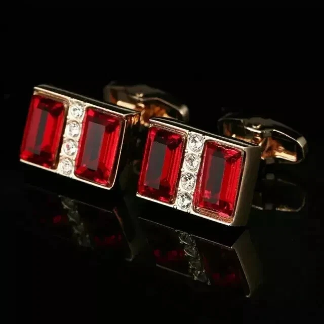 3CT Emerald Lab Created Pink Ruby Diamond Men's Cufflink 14K Yellow Gold Plated - Image 2 of 3