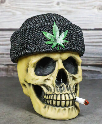 Ebros Smoking Human Skull with Leaf Beanie Hat Ashtray Jewelry Box 6.5'' Long