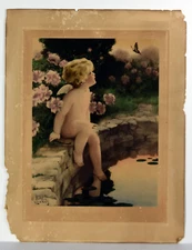 18" Antique Litho Print Baby Angel Putti Bessie Pease Gutmann Butterfly