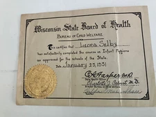 Vintage Wisconsin State Board of Health 1933 Infant Hygiene Certificate