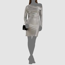 Lauren Ralph Lauren Women's Silver Metallic Pleated Off-Shoulder Dress Size 8