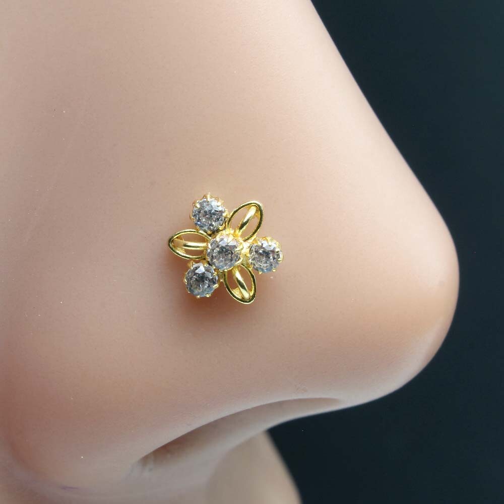 Tiny Indian Style Gold Plated Nose Stud White CZ Corkscrew nose ring