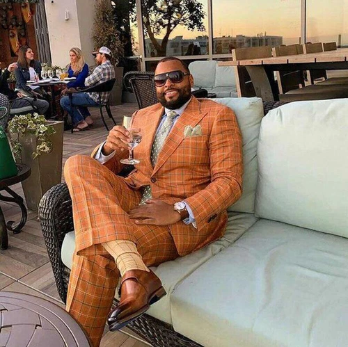 Orange Check Men Wedding Tuxedos Suits Wear Dinner Prom Party Blazer Jacket Pant - Picture 4 of 7