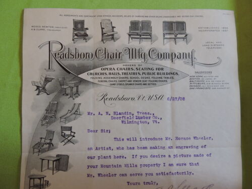 ORIG 1908 Readsboro Vermont VT Chair Co. Nagłówek firmowy GRAWEROWANY  - Zdjęcie 1 z 2