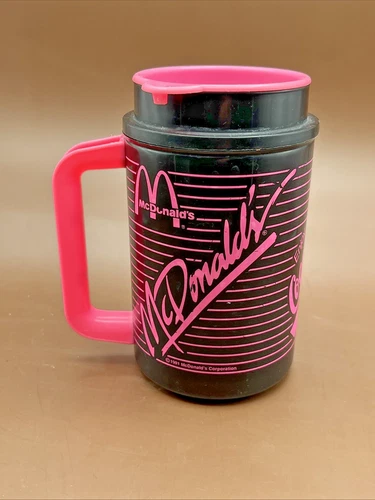Vintage McDonalds Coca-Cola 1991 Neon Pink & Black Travel Mug