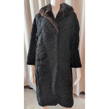 Vintage Black Curly Persian Lamb Long Jacket Coat Mink Collar 1960s FLAWS Size L