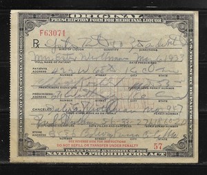 Original Prescription Form For Prohibition Era Medicinal Liquor 1933