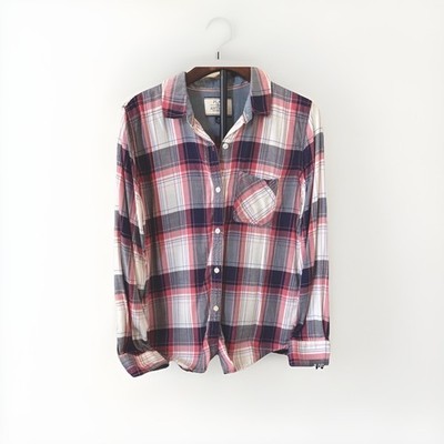 Flag & Anthem women s M Plaid Flannel Button-Up Shirt Pink Blue White Pockets