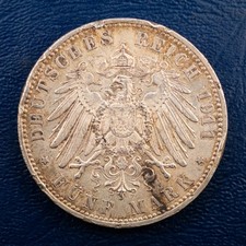 1911-D Bavaria German 5 Marks, KM #999, AU Details, Damaged, Some Luster M66