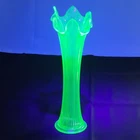 Vintage Fenton Green Fine Rib Uranium Glass Swung Vase 10" MCM Ruffled Glows