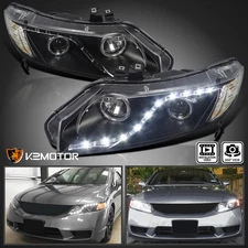 Black Fits 2006-2011 Honda Civic 4Dr R8 Style LED Strip Projector Headlights L+R
