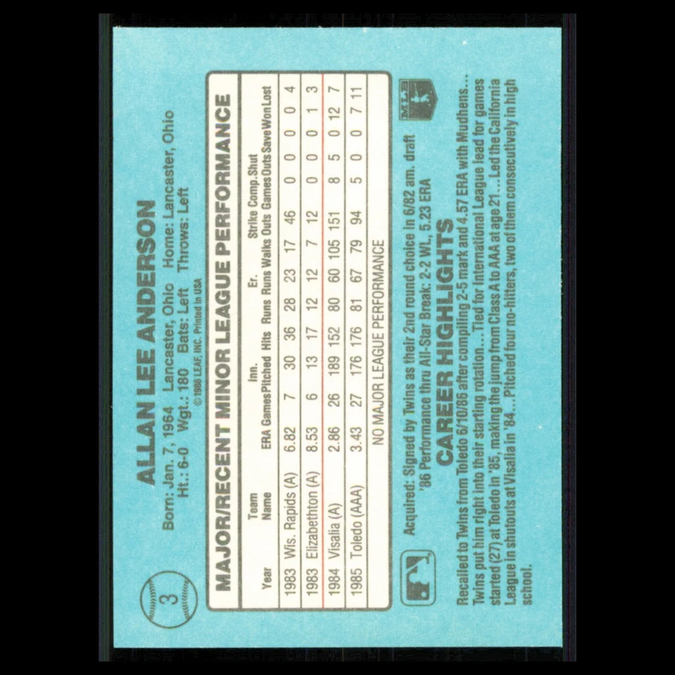 Allan Anderson Rookie #3 1986 Donruss The Rookies Minnesota Twins Baseball Card - Image 2 of 3