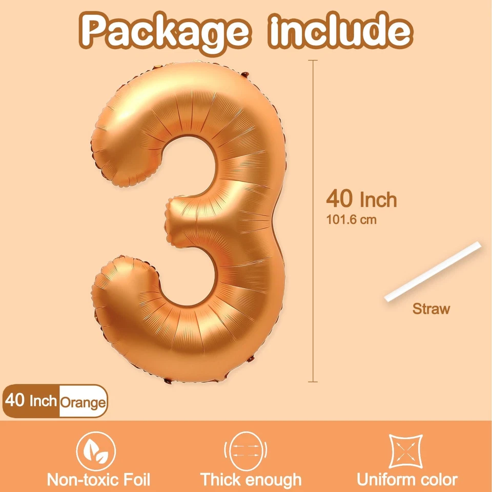 Globo de aluminio naranja número 3 de 40 pulgadas para cumpleaños, graduación, baby shower Foto 2 de 3