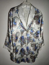 Kathryn Vintage Satin Button Up Long Sleeve Nighshirt Paisley Floral Small