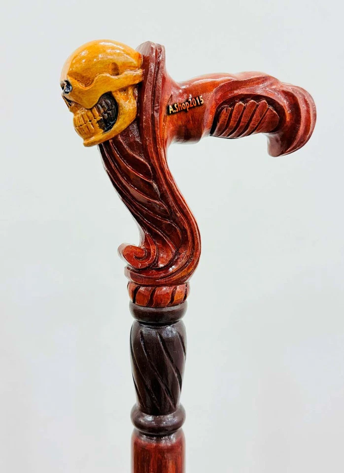 Bastón de madera náutico color amarillo calavera cara 3 plegables tallados único Foto 3 de 4