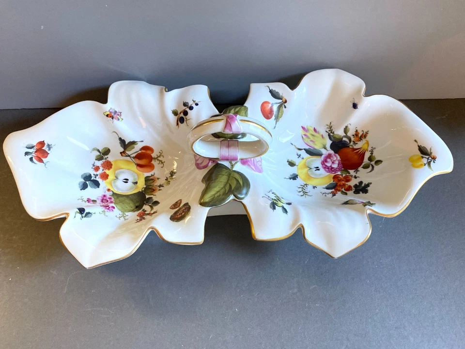 Centro de mesa de lujo Herend "Fruta y Floral" grande de doble hoja, 18"" L, años 30 Foto 2 de 4