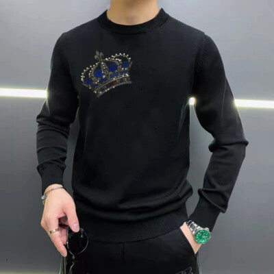New Men Luxury Diamond Crown Rhinestones Fashion Knitted Black Sweater