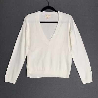 OPEN EDIT Women Knit Sweater Top White Deep V-Neckline Relaxed Size XXS