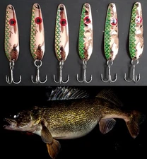 ( 6 )  2 1/4" Green Copper Flash Trolling Flutter Spoons  Walleye Candy