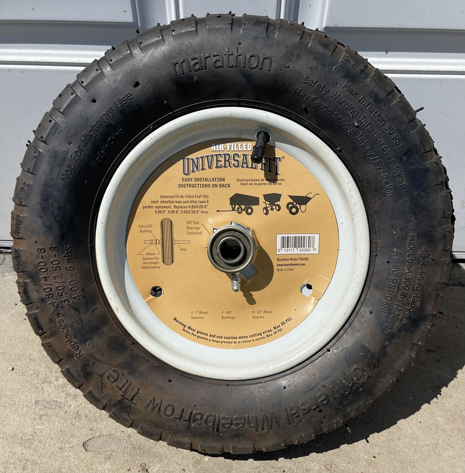 MARATHON AIR FILLED UNIVERSAL FIT WHEELBARROW TIRE W/SPACERSMODEL