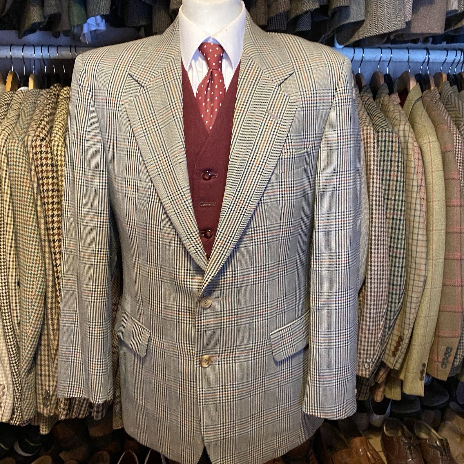 Vintage Mens 40R DAKS Check Light Summer Tweed POW Suit Jacket Blazer Grey Plaid