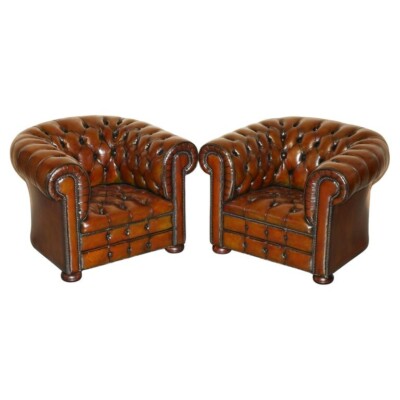 PAAR VINTAGE ART DECO RESTAURIERTE BRAUNE LEDER CHESTERFIELD GETUFTETE SESSEL
