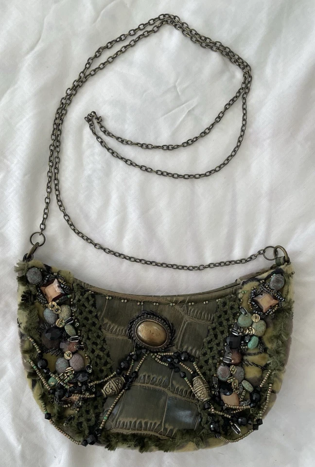 MARY FRANCES Green Leather Croc Highly Embellished Faux Fur Hobo Shoulder Bag - Image 2 of 4