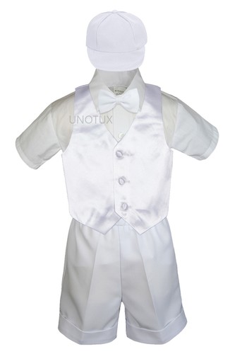 5pcs Boys Toddler Formal Vest Suits Satin Vest White Shorts Bow Tie & Hat - Picture 22 of 24