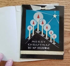 Antique Vintage Christmas card for Husband unused colorful Art Deco. 