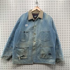Vintage OSHKOSH Denim Chore Barn Coat Mens XL Blue Aztec Lined Made USA