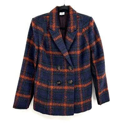 CABI Checkmate Jacket Wool Blue Orange Plaid Double Breasted