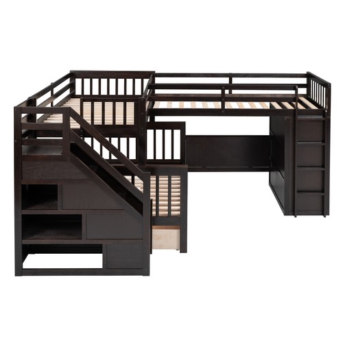 Twin-Twin over Full L-Shaped Bunk Bed Frame W/ 3 Drawers/ Desk/Wardrobe Espresso - Picture 5 of 23