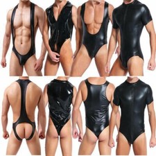 Men Wetlook Leather Leotard Bodysuit Jumpsuit Catsuit Lingerie Tank Clubwear PU