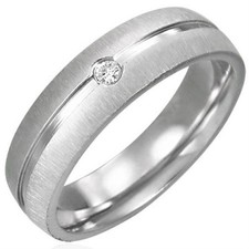 316 Stainless Steel Burnish Satin Finished Grooved CZ Cubic Zirconia Ring
