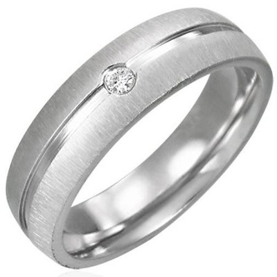 Stainless Steel Burnish-Set Band Ring with Clear CZ