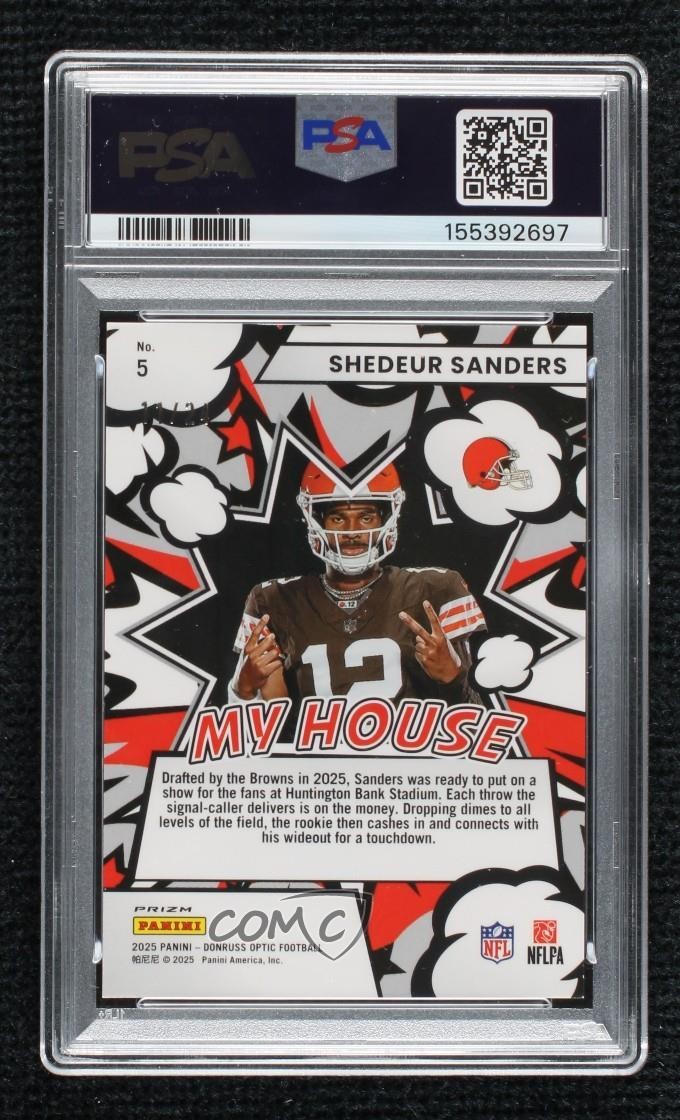 2025 Donruss Optic My House! Dragon Prizm 11/24 Shedeur Sanders PSA 10 Rookie RC view 2