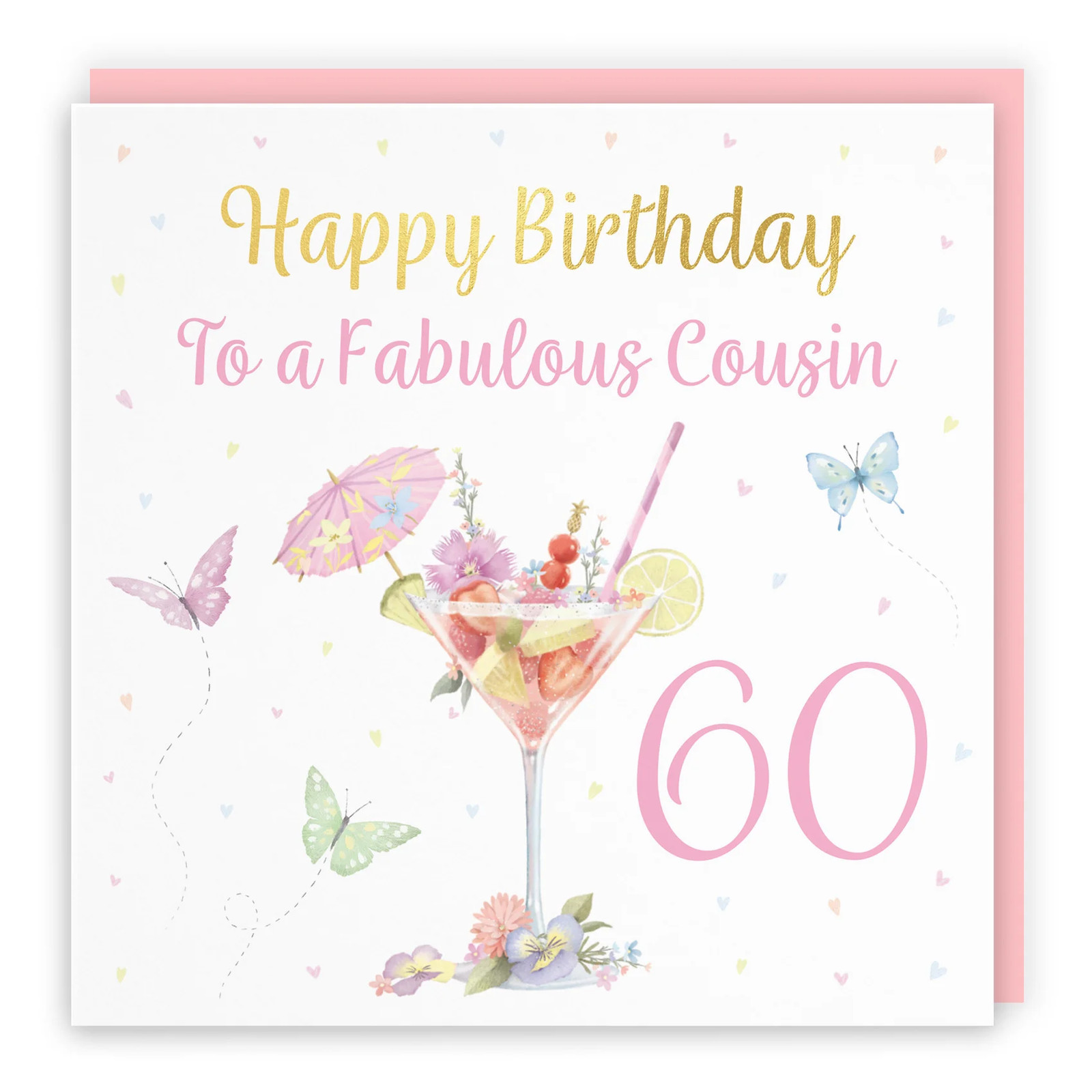 60th Female Cousin Pink Cocktail And Butterflies Birthday Card Gold Foil Milo's