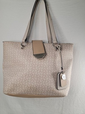 GUESS Shopper Tote Bag Beige Signature Monogram G Logo Print Silver Hardware