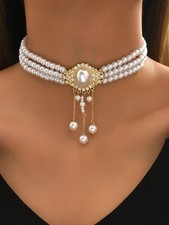Pearl Choker Necklace Rhinestone Multi Strand Faux Pearl Choker Necklace