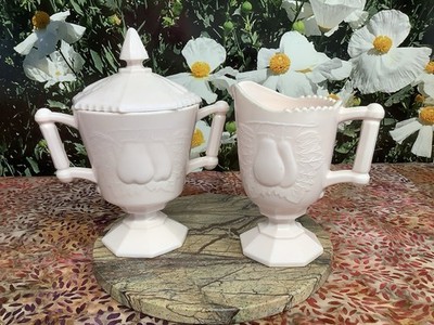 Vintage Jeanette Baltimore Pear Shell Pink Pastel Milk Glass Cream & Sugar Set