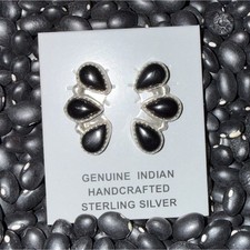 Myra Benally Navajo Signed 925 Sterling Silver Black Onyx 3-Stone Studs