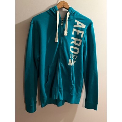 Aeropostale Mens XL Teal Blue Full Zip Hoodie Logo Graphic Sweatshirt 1987 NY