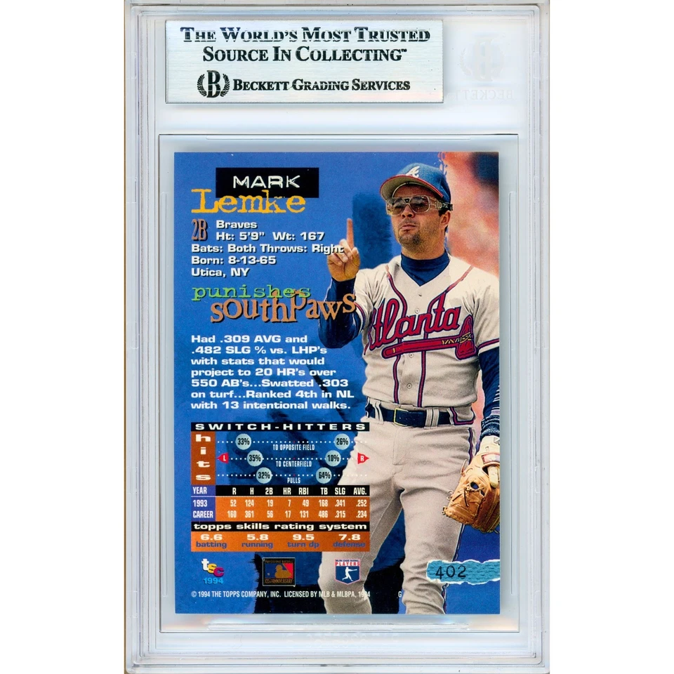 Mark Lemke Signed 1994 Topps Stadium Club #402 Atlanta Braves BAS Slabbed Auto - Image 3 of 4