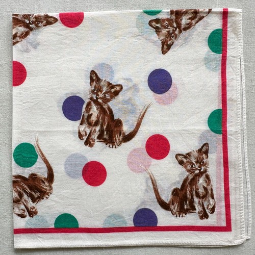 VTG Handkerchief White Cotton Red Green Polka Dot & Kitten Cat Pattern ...