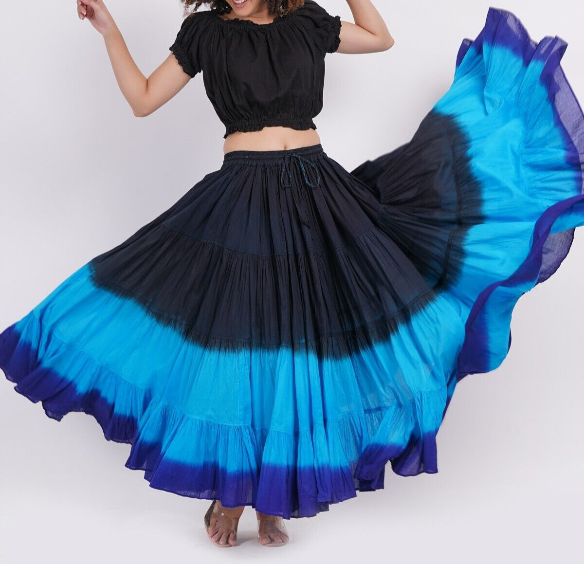 Falda hippie gitana real turquesa negra 100 % algodón tribal ATS de 25 yardas...