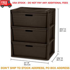 3 Drawer Decorative Storage Tower Wide Plastic Dresser Organizer Weave Bins Brow