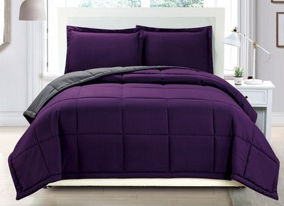 Grand Linen 3 Piece Luxury Dark Purple/Grey Reversible Soft Down Alternative Com